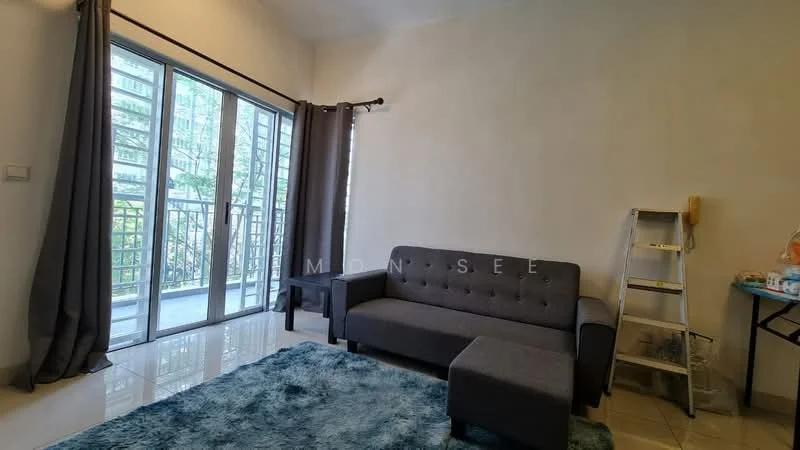 Living features: grey fabric sofa, coffee table, area rug in blue, floor-to-ceiling windows, sliding glass door, curtains in dark grey, white painted walls, glossy tile flooring, step ladder, small side table; style: modern; view: garden.