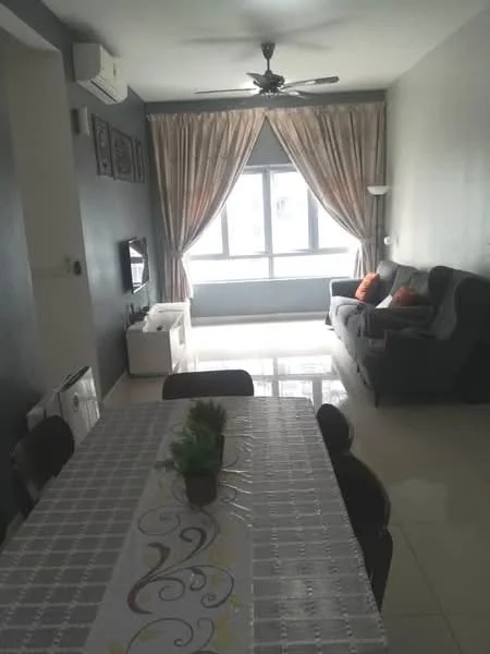 Living features: 3-seater fabric sofa in grey, coffee table, wall-mounted TV, ceiling fan, floor-to-ceiling windows, sheer curtains, decorative cushions in orange, light-colored walls, glossy tile flooring; style: modern. Dining features: 6-seater dining table, table runner, decorative plant on table; style: modern.