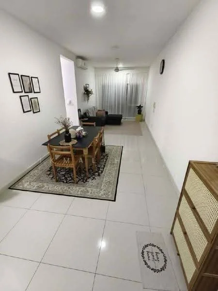 Living features: white painted walls, glossy ceramic tile flooring, 5-blade ceiling fan with light, sofa in dark color, coffee table, area rug with geometric pattern, dining table with 4 chairs, decorative wall art, curtains on window, plant in pot, wall clock; style: modern.