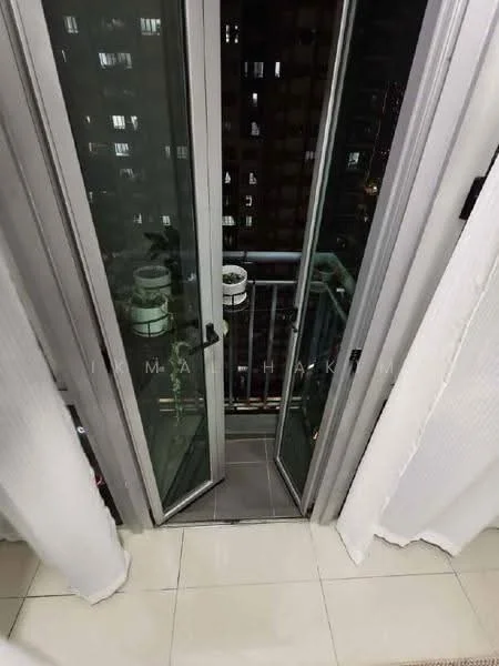 Room features: sliding glass doors, grey metal railing, ceramic tile flooring, city skyline view, curtains, balcony space; style: modern; view: city.