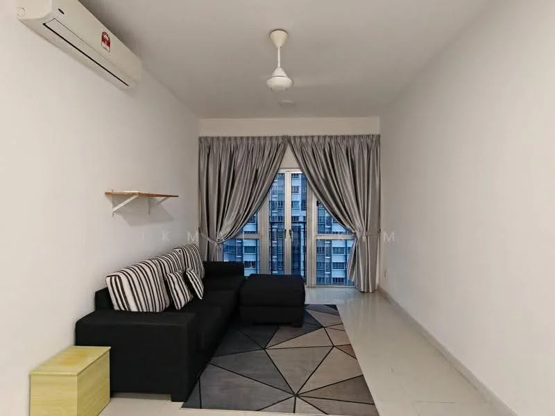 Living features: black fabric sofa, geometric area rug, white painted walls, white tiled flooring, 5-blade ceiling fan with light, wall-mounted split AC, floor-to-ceiling windows, curtains in grey, shelf mounted on wall, decorative wall art; style: modern; view: city.
