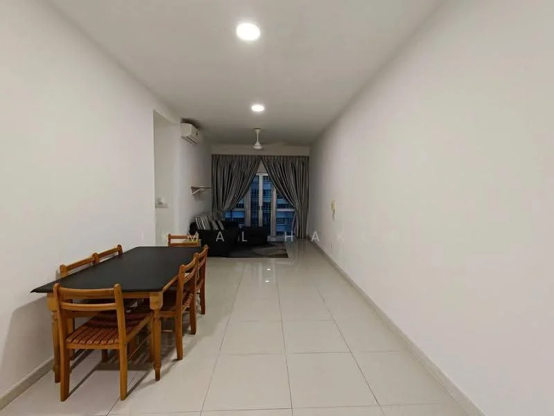Living features: white painted walls, glossy tile flooring, 5-blade ceiling fan with light, floor-to-ceiling windows, grey curtains, black sofa, dining table with 4 wooden chairs, air conditioning unit; style: modern; view: city.