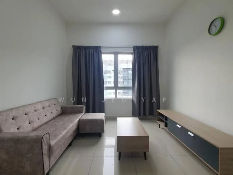 Living features: 3-seater fabric sofa in grey, coffee table, TV console, floor-to-ceiling windows, grey curtains, white painted walls, glossy tile flooring, ceiling light, wall clock; style: modern.