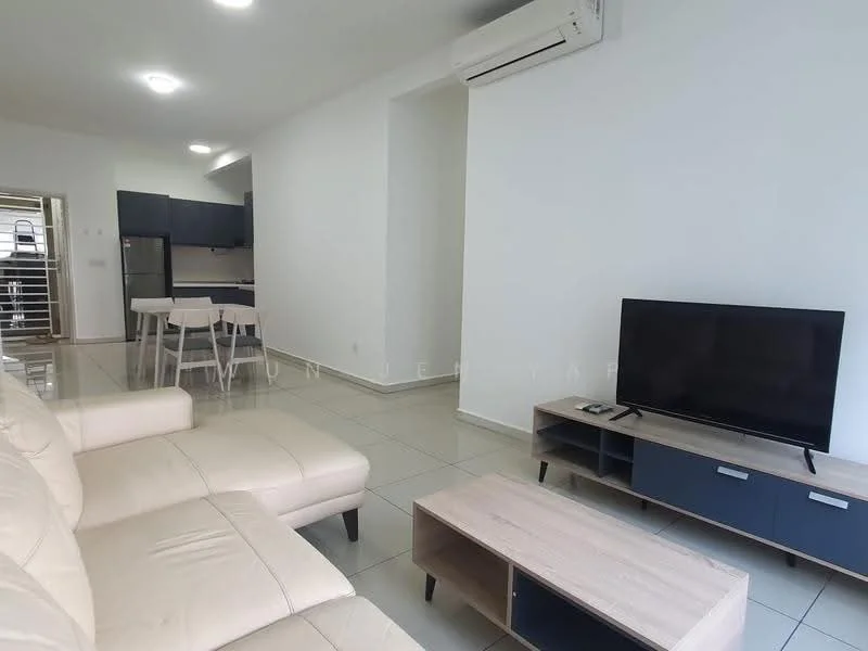 Living features: beige leather sofa, coffee table in light wood, TV console in dark wood, wall-mounted TV, recessed ceiling lights, air conditioning unit, white painted walls, tile flooring, open layout to kitchen, large windows for natural light; style: modern.