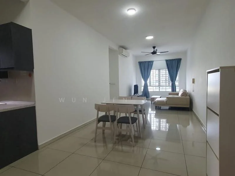 Living features: 3-seater fabric sofa in beige, coffee table, TV console, wall-mounted TV, area rug, 5-blade ceiling fan with light, floor-to-ceiling windows, white painted walls, glossy tile flooring, air conditioning unit; style: modern. Dining features: 6-seater dining table, wooden dining chairs, white cabinetry, glossy tile flooring; style: modern.