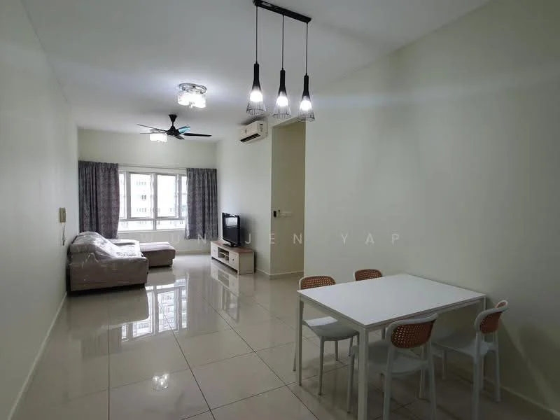 Living features: cream painted walls, glossy tile flooring, 5-blade ceiling fan with light, recessed downlights, sofa with protective cover, TV console with wall-mounted TV, coffee table, dining table with four chairs, floor-to-ceiling windows with sheer curtains, air conditioning unit; style: modern; view: city.