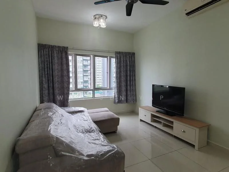 Living features: light green painted walls, glossy tile flooring, 5-blade ceiling fan with light, sofa with protective covering, ottoman, TV console with storage, wall-mounted TV, floor-to-ceiling windows with sheer curtains, curtains in grey fabric, air conditioning unit; style: modern; view: city.
