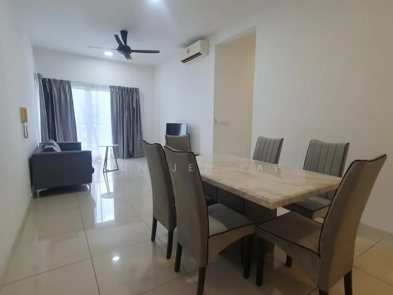 Dining features: 6-seater dining table with marble top, upholstered dining chairs, white painted walls, polished ceramic tile flooring, ceiling fan, wall-mounted split AC, floor-to-ceiling windows with sheer curtains, grey sofa, TV console, wall-mounted TV; style: modern.