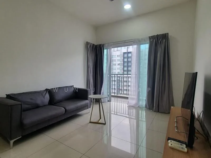 Living features: grey fabric sofa, white walls, glossy tile flooring, floor-to-ceiling windows, sheer curtains, balcony access, TV console, wall-mounted TV, decorative side table, LED ceiling light; style: modern; view: city.