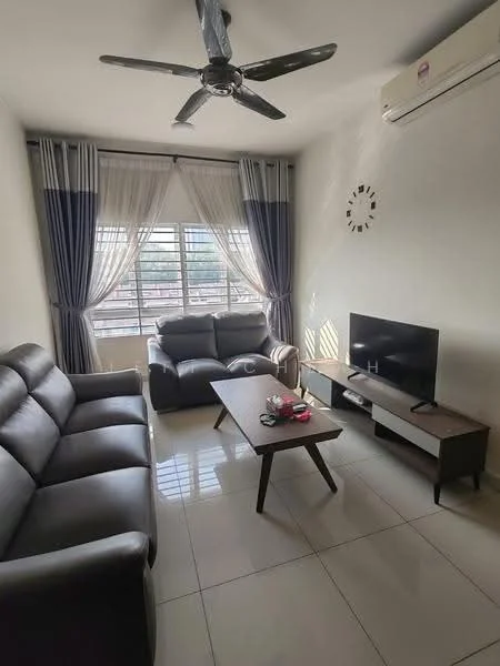Living features: 3-seater leather sofa in dark brown, 2-seater leather sofa in dark brown, wooden coffee table, TV console, wall-mounted TV, floor-to-ceiling windows, sheer curtains, blackout curtains, recessed downlights, ceiling fan, air conditioning unit, decorative wall clock; style: modern; view: city.