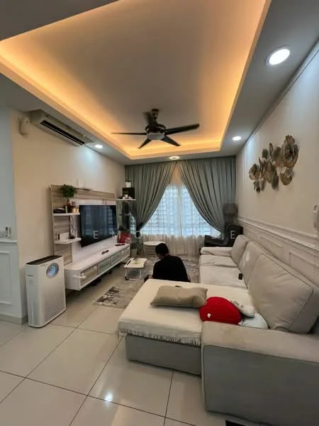 Living features: L-shape sectional sofa in light grey, coffee table, wall-mounted TV, TV console with storage, recessed LED downlights, 5-blade ceiling fan with light, white painted walls with wainscoting, cream curtains, large window with sheer curtains, air conditioning unit, decorative wall art, tile flooring; style: modern.