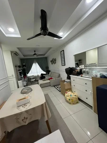 Living features: 5-blade ceiling fan with light, sofa in light grey fabric, coffee table, TV console, wall-mounted mirror, white painted walls with crown moulding, recessed ceiling lights, tile flooring, curtains in light green, decorative wall art, storage drawers, decorative items on shelves, area rug, boxes and bags on the floor; style: modern.