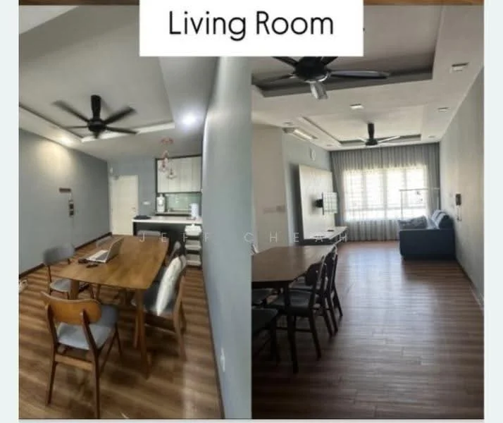 Living features: wooden flooring, 5-blade ceiling fan with light, sofa in blue fabric, dining table with 4 chairs, wall-mounted TV, large window with sheer curtains, recessed downlights, decorative wall, open layout to kitchen, light grey painted walls; style: modern. Kitchen features: white cabinetry, stainless-steel sink, built-in oven, freestanding range oven, kitchen island, open layout to living area; style: modern.