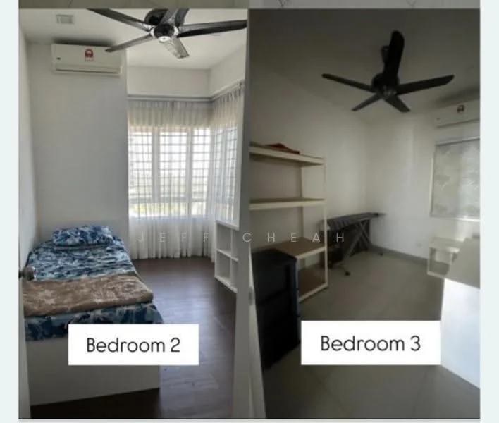 Bedroom 2 features: single bed with blue floral bedding, wooden flooring, floor-to-ceiling windows, sheer curtains, 1 wall-mounted split AC, ceiling fan, built-in shelving unit, decorative wall panel; style: modern; view: city. Bedroom 3 features: empty room, wooden flooring, 1 wall-mounted split AC, ceiling fan, built-in desk, built-in shelving unit; style: modern.