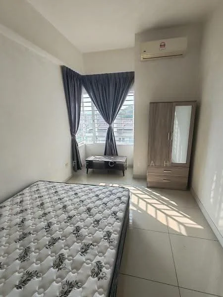 Bedroom features: white painted walls, tile flooring, floor-to-ceiling windows, curtains, queen-size bed, wooden wardrobe with mirror, air conditioning unit, side table; style: modern; view: city.