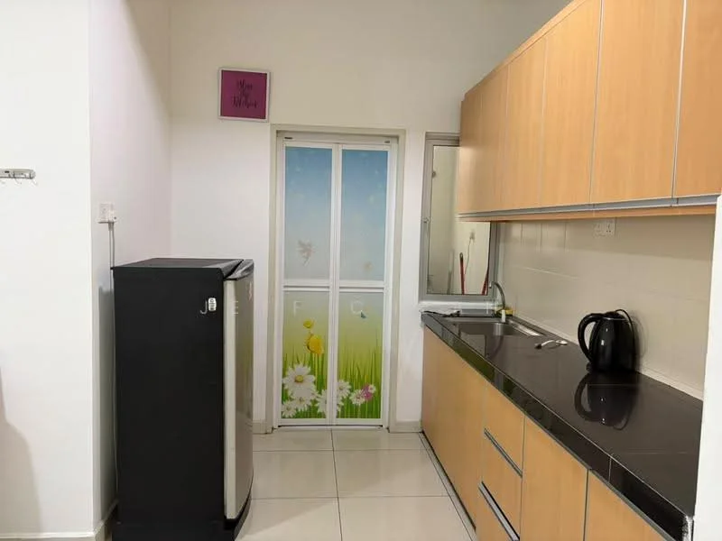 Kitchen features: black granite countertop, light wood cabinetry, stainless-steel fridge, built-in sink, chrome faucet, kettle, white tiled walls, white tiled flooring, sliding glass door with floral design, window, cleaning supplies visible; style: modern.