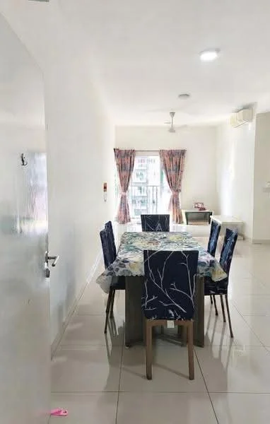 Dining features: dining table with floral tablecloth, 6 upholstered dining chairs, white painted walls, glossy tile flooring, ceiling fan, curtains with floral pattern, window with city view, wall-mounted air conditioning unit; style: modern; view: city.