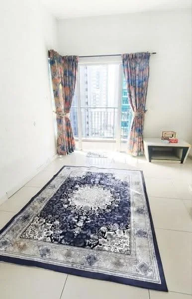 Room features: white painted walls, floor-to-ceiling windows, curtains with floral pattern, ceramic tile flooring, area rug with intricate design, balcony door, coffee table; style: modern; view: city.