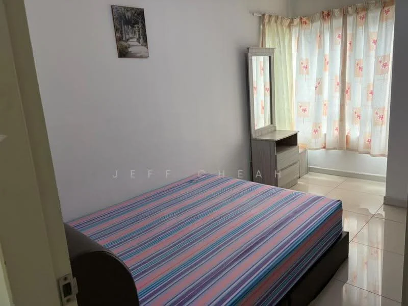 Bedroom features: queen-size bed with striped bedding, white painted walls, glossy tile flooring, floor-to-ceiling window with sheer curtains, wooden dresser with mirror, nightstand, decorative wall artwork.