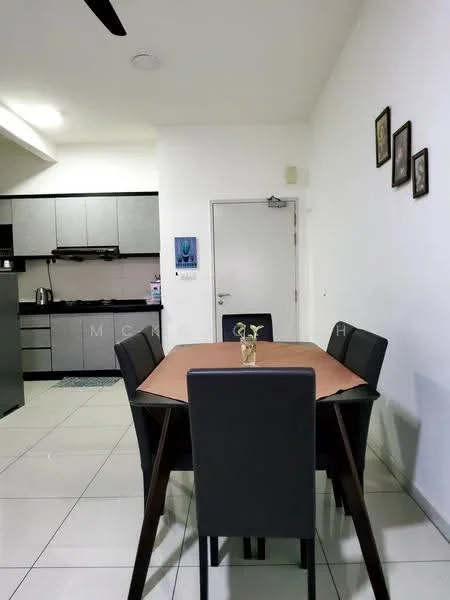 Dining features: 6-seater dining table, black dining chairs, white walls, tile flooring, ceiling fan, decorative wall frames, plant in vase, open layout to kitchen; style: modern. Kitchen features: black cabinetry, stainless-steel kettle, built-in oven, countertop with sink, grey backsplash, kitchen mat; style: modern.