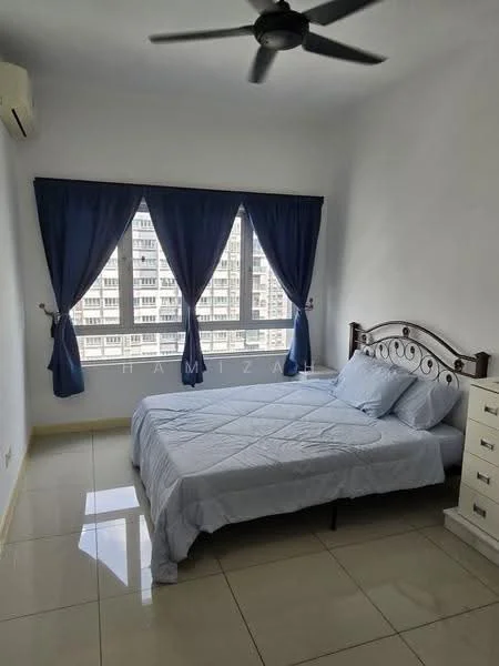 Bedroom features: king-size bed with light blue bedding, upholstered headboard, 2 bedside tables, white dresser, floor-to-ceiling windows, blue curtains, white painted walls, glossy tile flooring, 1 wall-mounted split AC, ceiling fan; style: modern; view: city.