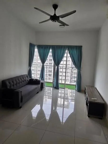 Living features: 3-seater fabric sofa in grey, floor-to-ceiling windows, curtains in light blue, polished ceramic tile flooring, wall-mounted TV console, ceiling fan, decorative wall, greenery view from window; style: modern; view: city.