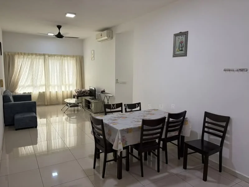 Living features: white painted walls, glossy tile flooring, 5-blade ceiling fan with light, floor-to-ceiling windows with sheer curtains, sofa in blue fabric, TV console, wall-mounted TV, decorative artwork on wall, air conditioning unit; style: modern. Dining features: 6-seater dining table, wooden dining chairs, tablecloth with floral pattern; style: modern.