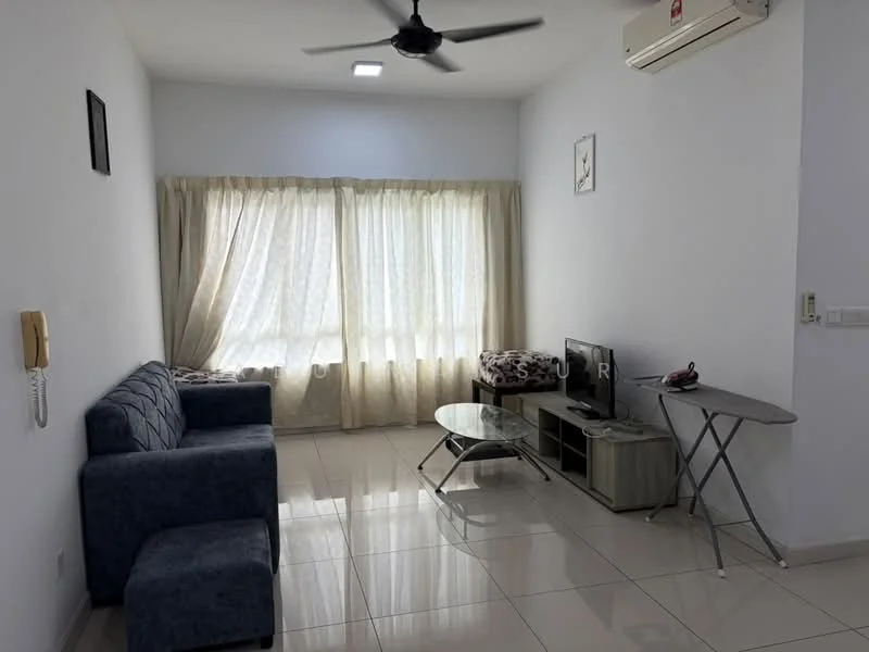 Living features: blue fabric 3-seater sofa, glass coffee table, TV console, wall-mounted TV, floor-to-ceiling windows, sheer curtains, wall-mounted air conditioning unit, tile flooring, light-colored painted walls, ceiling fan with light, decorative wall art; style: modern.