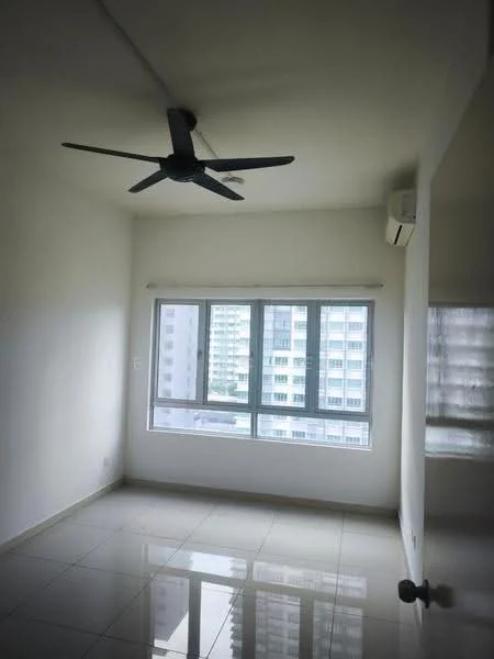 Room features: white painted walls, glossy tile flooring, 5-blade ceiling fan, wall-mounted split AC, floor-to-ceiling windows, sheer curtains, natural light from window; style: modern; view: city.