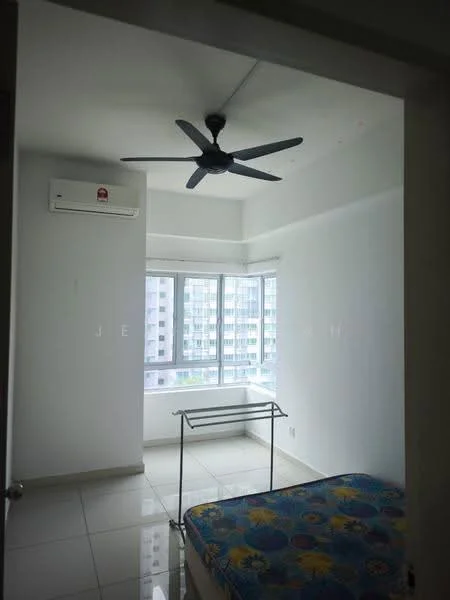 Bedroom features: white painted walls, glossy tile flooring, 5-blade ceiling fan, floor-to-ceiling windows, curtains, air conditioning unit, queen-size bed with floral bedding, metal clothing rack; style: modern; view: city.