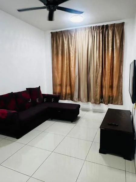 Living features: 3-seater fabric sofa in dark purple, floor-to-ceiling windows with brown curtains, white painted walls, glossy white tile flooring, ceiling fan with light, TV console in dark wood, wall-mounted TV, decorative wall art; style: modern.