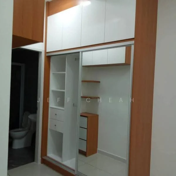 Room features: built-in wardrobe with sliding mirror doors, wood cabinetry in light brown finish, white upper cabinets, open shelving, drawers, white walls, tile flooring, neutral color scheme; style: modern.