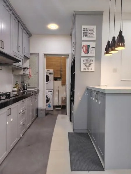 Kitchen features: grey cabinetry, white countertop, stainless-steel sink, chrome pull-down faucet, built-in oven, freestanding range oven, 4-burner gas hob, refrigerator, washer and dryer, tile backsplash, pendant lighting, recessed downlights, vinyl flooring; style: modern.