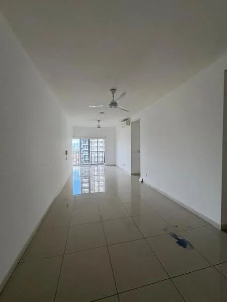Room features: white painted walls, glossy tile flooring, 2 ceiling fans, large sliding glass door, floor-to-ceiling windows, natural light, open layout, neutral color scheme; style: modern; view: city.