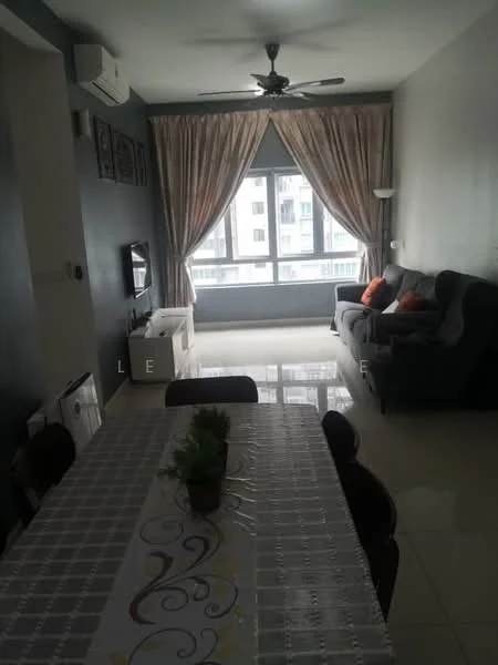 Living features: 3-seater fabric sofa in grey, 2 orange accent pillows, coffee table, wall-mounted TV, floor-to-ceiling windows, sheer curtains, 5-blade ceiling fan, air conditioning unit, polished tile flooring, decorative wall art, light grey painted walls, dining table with white tablecloth; style: modern; view: city.