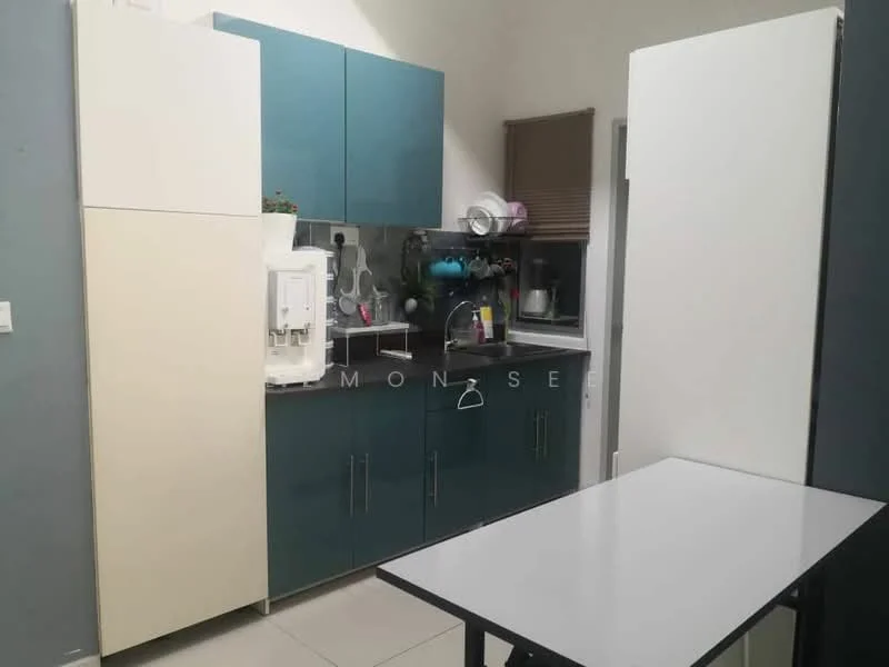 Kitchen features: blue cabinetry, white cabinetry, black countertop, built-in water dispenser, refrigerator, kitchen sink, window with blinds, table, tile flooring, wall-mounted shelves; style: modern.