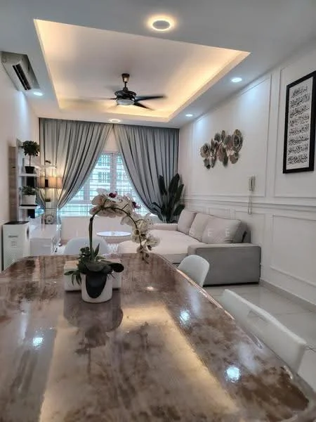 Living features: sofa in light grey fabric, coffee table, wall-mounted TV, recessed downlights, 5-blade ceiling fan with light, floor-to-ceiling windows with sheer curtains, decorative wall art, potted plant, white painted walls, marble tile flooring; style: modern; view: city. Dining features: 6-seater dining table with glossy surface, white upholstered dining chairs, decorative centerpiece with flowers; style: modern.