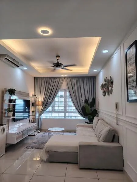 Living features: L-shape sectional sofa in light grey, white coffee table, white TV console, wall-mounted TV, recessed ceiling lights, 5-blade ceiling fan with light, curtains in grey, white tiled flooring, decorative wall art, indoor plant, crown moulding on ceiling; style: modern.