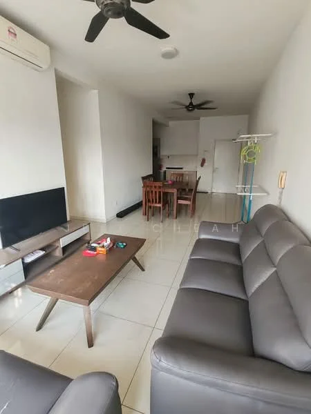 Living features: 3-seater leather sofa in grey, wood coffee table, flat-screen TV on console, ceiling fan, white painted walls, tile flooring, area rug, decorative plant stand; style: modern. Dining features: 4-seater dining table, wood dining chairs, white painted walls, tile flooring; style: modern.
