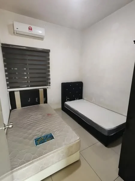 Bedroom features: white painted walls, tile flooring, 1 wall-mounted split AC, window with roller blinds, single bed, mattress on bed frame, black upholstered headboard, empty mattress on floor, built-in wardrobe, decorative wall panel, light fixture on ceiling; style: minimalist.