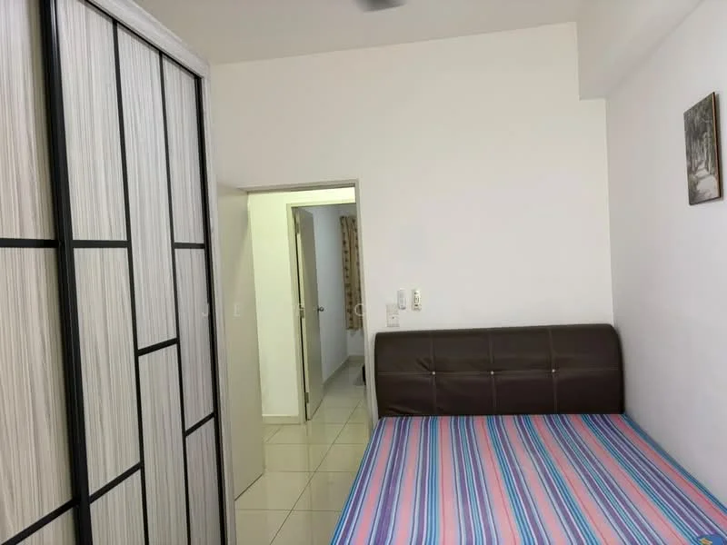 Bedroom features: queen-size bed with striped bedding, upholstered headboard in brown, built-in wardrobe with sliding doors, white painted walls, tile flooring, ceiling fan, framed artwork on wall, doorway leading to another room; style: modern.