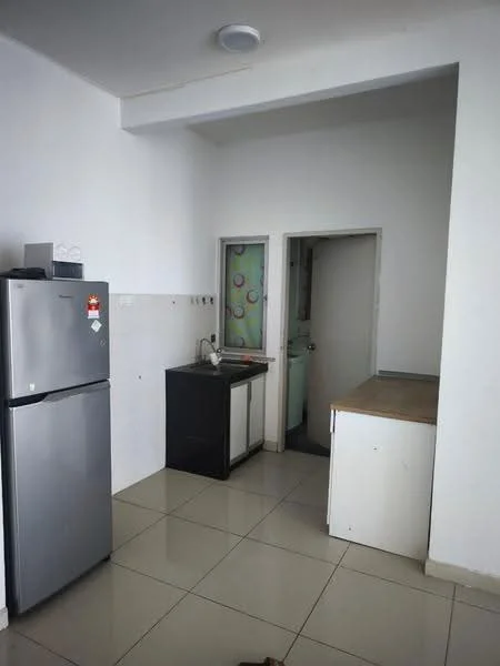Kitchen features: stainless-steel fridge, black countertop, single-bowl stainless-steel sink, chrome pull-down faucet, white cabinetry, tile flooring, white painted walls, door leading to utility area; style: modern.