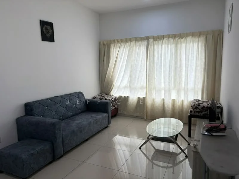 Living features: grey fabric 3-seater sofa, glass coffee table, white painted walls, glossy tile flooring, floor-to-ceiling windows, sheer curtains, decorative wall art, side table; style: modern.