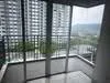 Balcony features: glass railing, sliding glass door, floor-to-ceiling windows, grey tiled flooring, city view, overhead ceiling, outdoor space; style: modern; view: city.