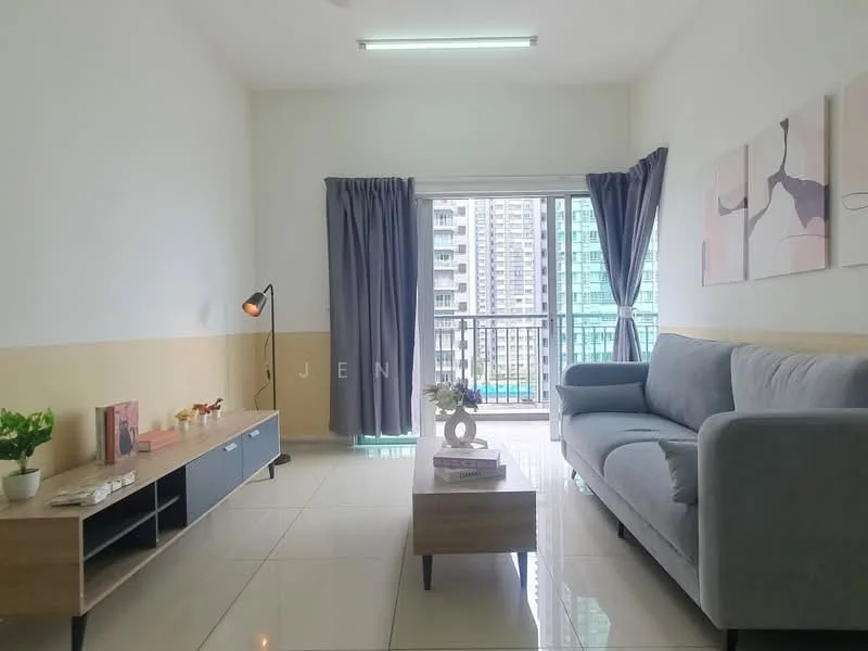 Living features: grey fabric sofa, wooden coffee table, TV console, floor lamp, curtains in grey, white painted walls, cream accent wall, tile flooring, sliding glass door, balcony view, decorative wall art; style: modern; view: city.