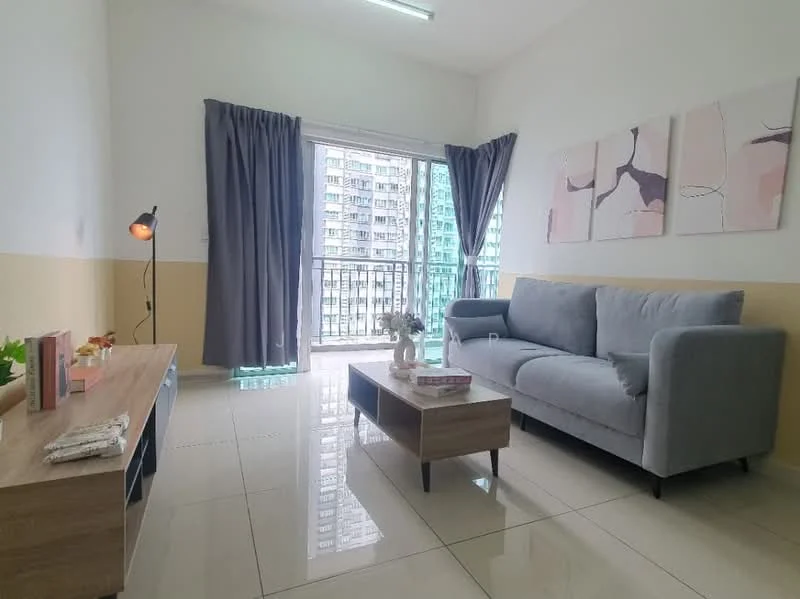 Living features: grey fabric sofa, wooden coffee table, floor-to-ceiling windows, sliding glass door, sheer curtains, decorative wall art, light-colored walls, glossy tile flooring, table lamp, vase with flowers; style: modern; view: city.