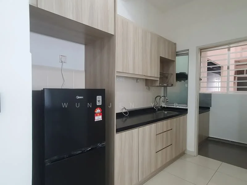 Kitchen features: black granite countertop, light wood cabinetry, stainless-steel sink, chrome pull-down faucet, black fridge, wall-mounted shelving, tile backsplash, ceramic tile flooring, window with metal grille; style: modern.