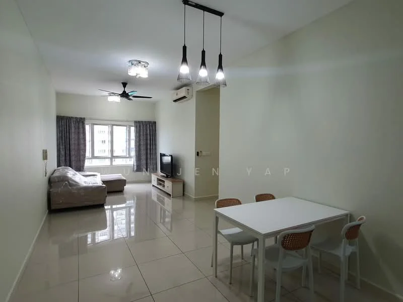 Living features: cream painted walls, glossy tile flooring, 5-blade ceiling fan with light, recessed downlights, sofa in beige, TV console, wall-mounted TV, dining table with white surface, 4 dining chairs, floor-to-ceiling windows, curtains, air conditioning unit; style: modern; view: city.
