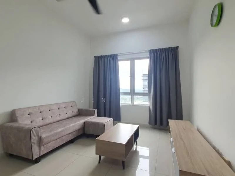 Living features: 3-seater fabric sofa in light grey, wooden coffee table, TV console, floor-to-ceiling window, curtains in dark grey, white painted walls, glossy tile flooring, ceiling fan, wall clock in green; style: modern; view: city.