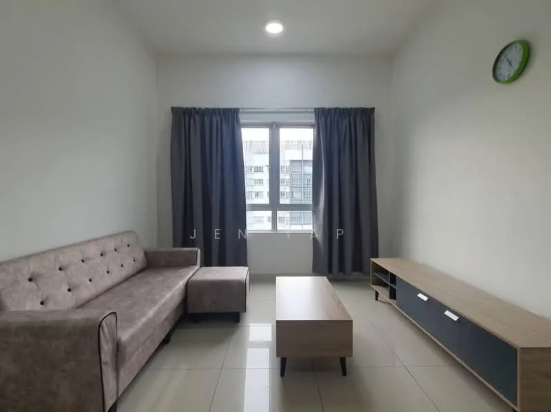 Living features: 3-seater fabric sofa in beige, coffee table, TV console, floor-to-ceiling windows, grey curtains, white painted walls, tile flooring, ceiling light, wall clock; style: modern; view: city.